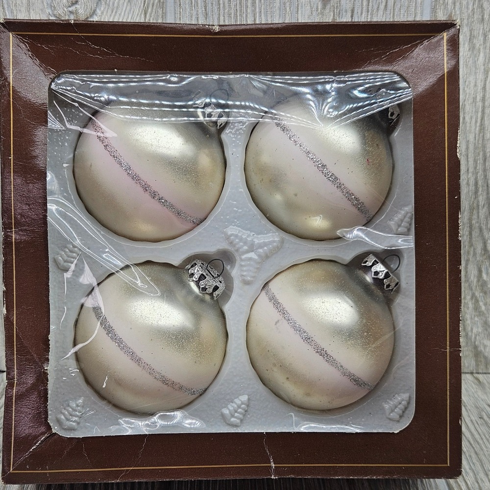 Exquisit Vintage West Germany Glass Christmas Ornaments Pink Silver Stripe Set 4